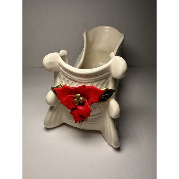 Santa's Sleigh Christmas Poinsettia Flower Center Piece Candy Dish World Bazaars - Picture 6 of 12